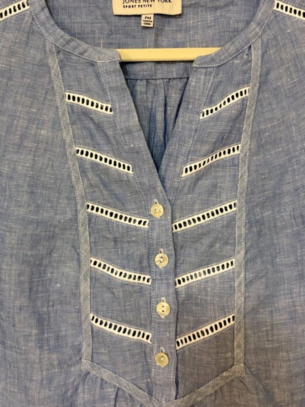 Jones New York Blue Linen Short Sleeve Blouse with White Trim Medium Petite MP - Picture 4 of 7